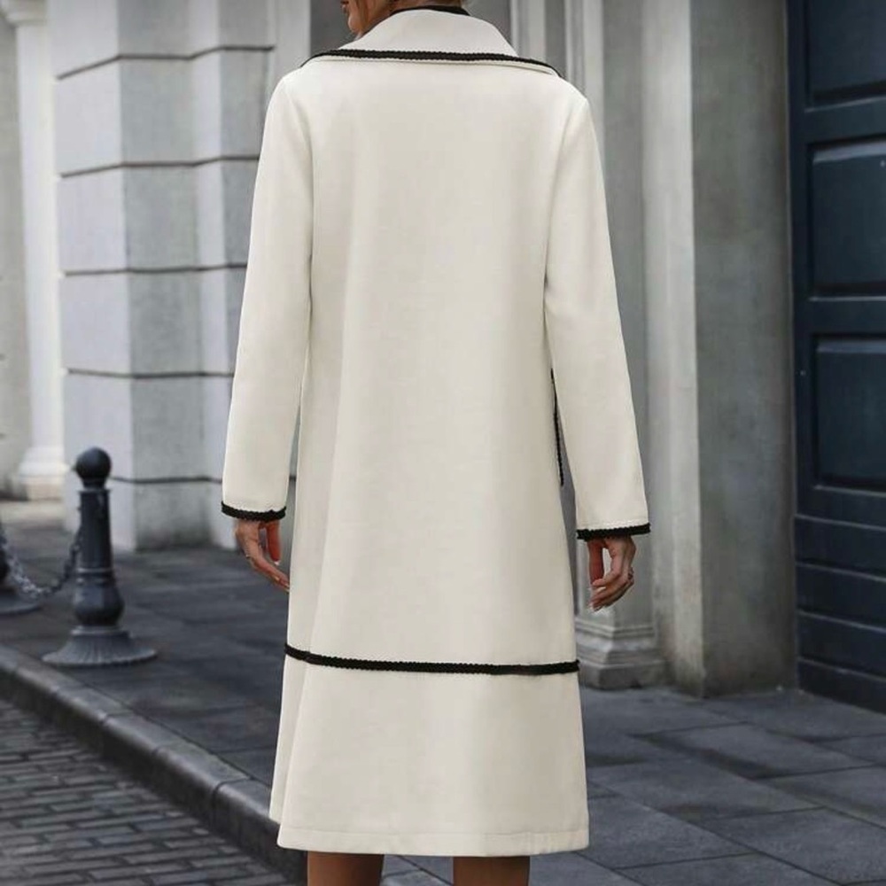 CONTRAST QUEEN Elegant Mid-Length Cream Coat with Black Braided Trim SMALL - Picture 3 of 8